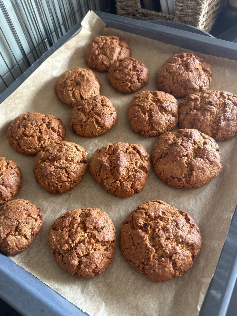 Oven-baked oatmeal cookies on a baking sheet